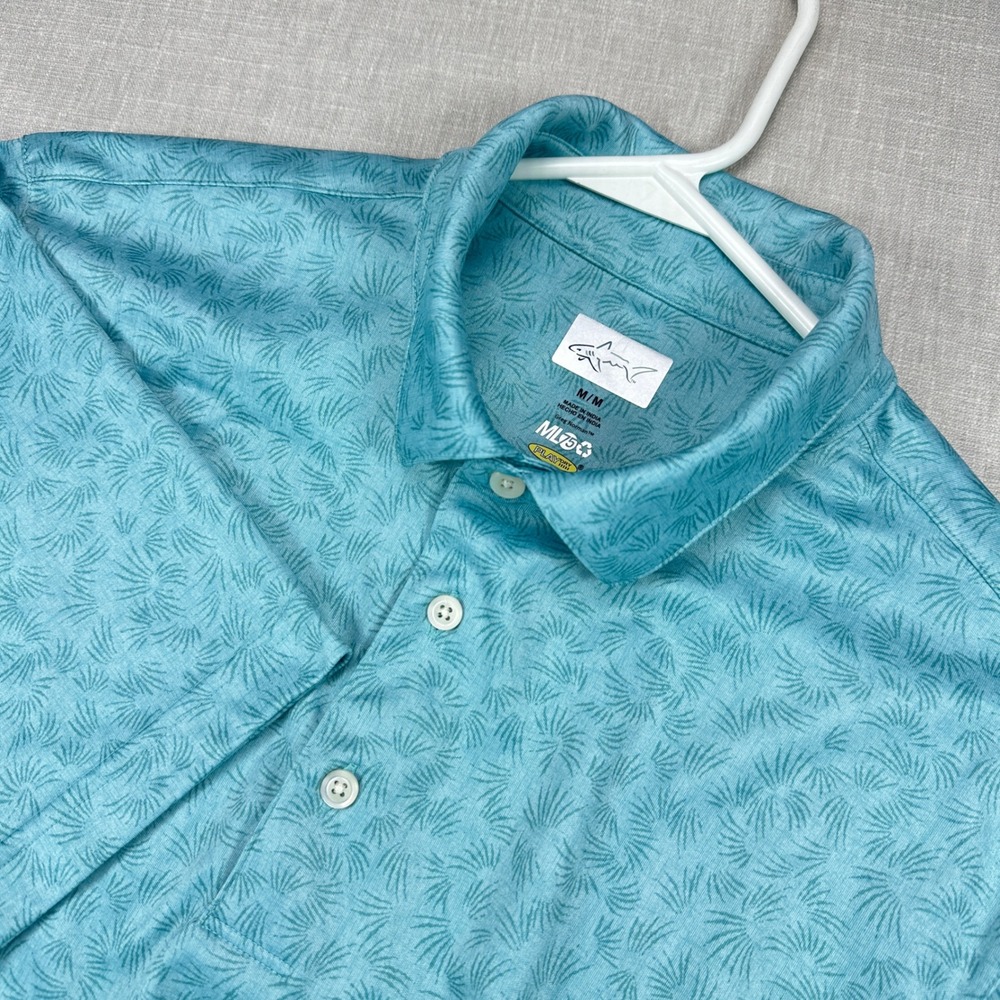 Greg Norman Polo Shirt Mens Medium Teal Blue Palm Tropical Print Play Dry Golf
